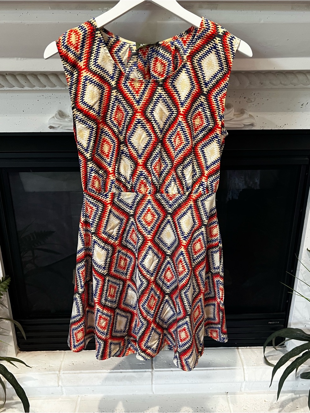 Maude Sleeveless Open Back Mini Dress in Red, Navy & Cream Geometric Print